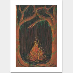 Bonfire in a Wooded Clearing Posters and Art